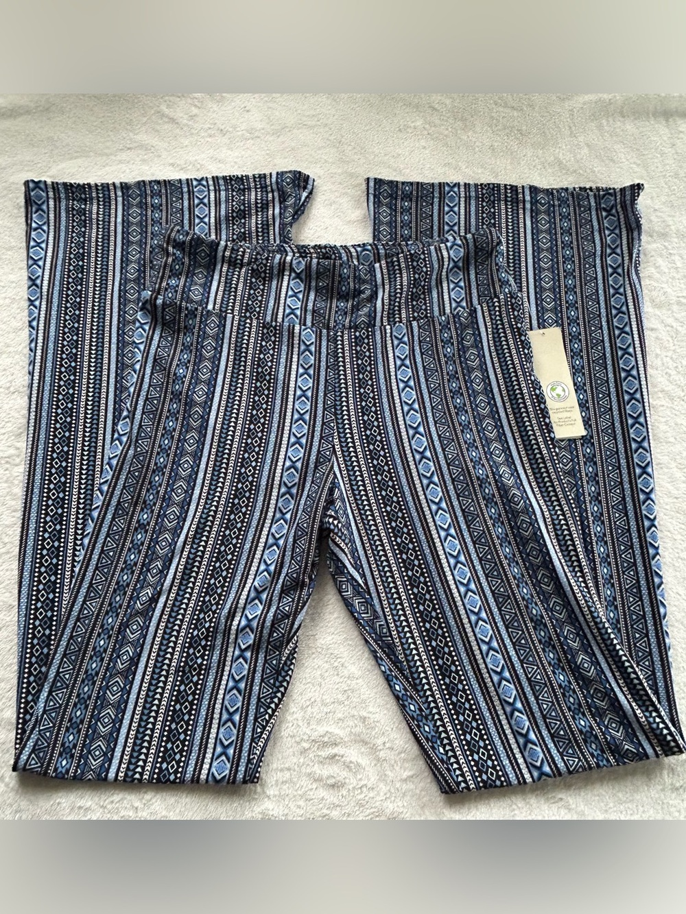 Women's Blue Aztec Stripe Flare Pants Retro NWT Boho Y2K Lounge M Festival